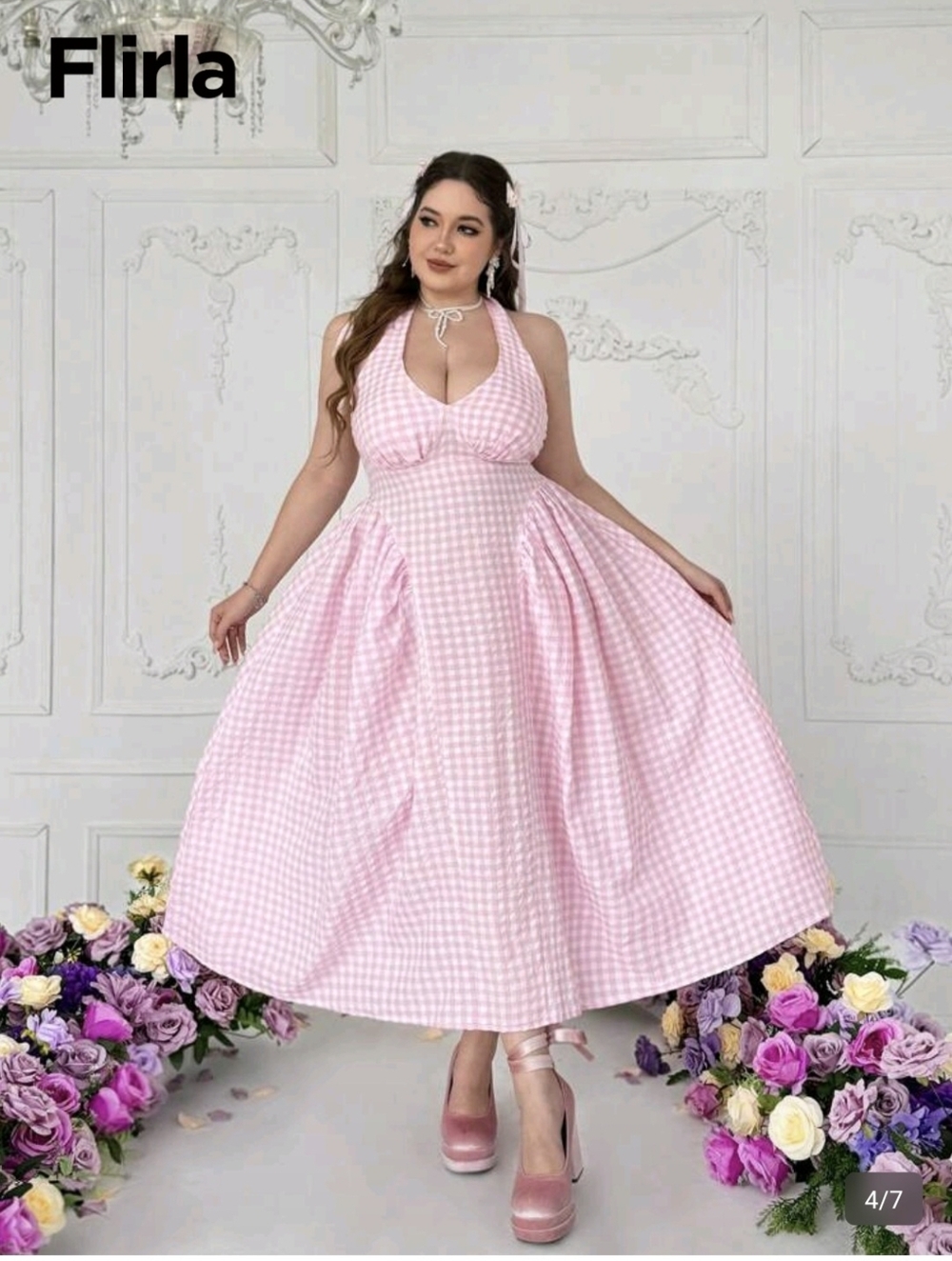 Coquette Pink Gingham Halter Midi Dress